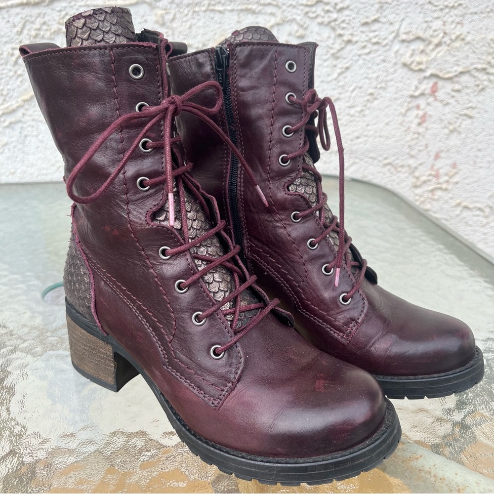 Felmini Burgundy Lace Up Side Zip Heeled Leather Mid Calf Boots